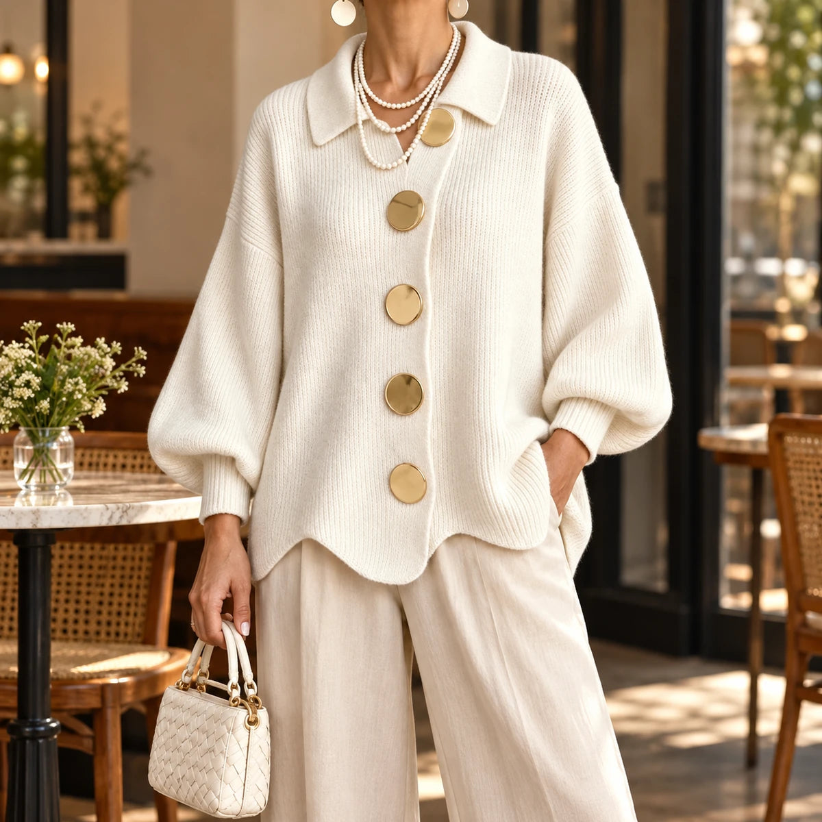 Knit Cardigan | Evangeline White model