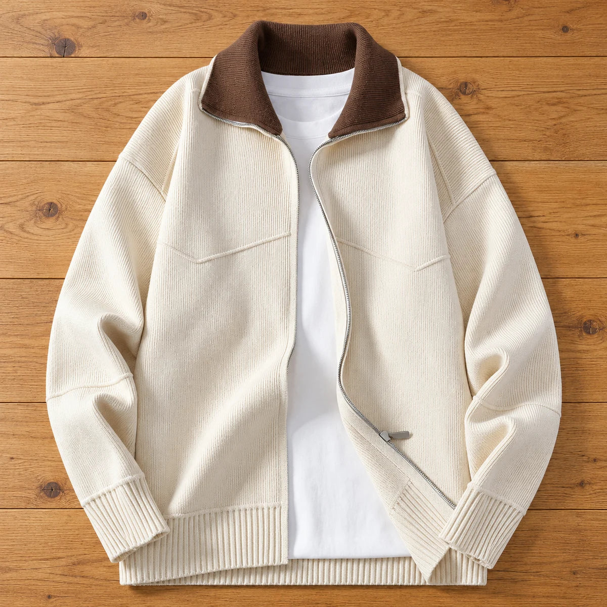 Knit Cardigan | Fintan Beige overhead oak flatlay