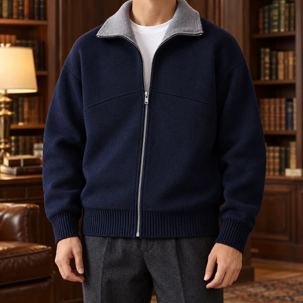 Knit Cardigan | Fintan Blue model walnut library front
