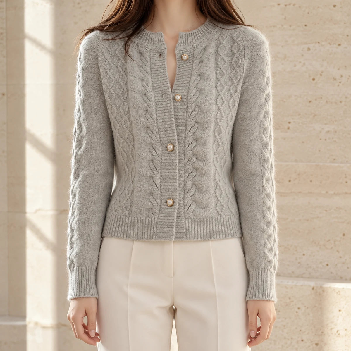 Knit Cardigan | Ingrid in Gray neck down lifestyle view