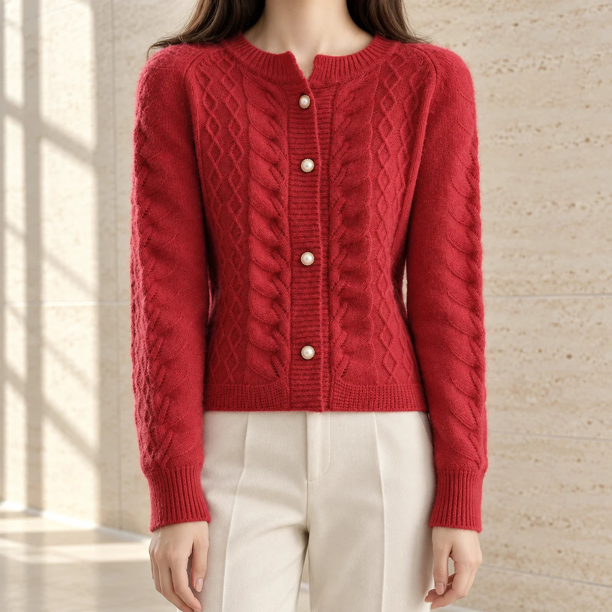 Knit Cardigan | Ingrid in Red neck down lifestyle view