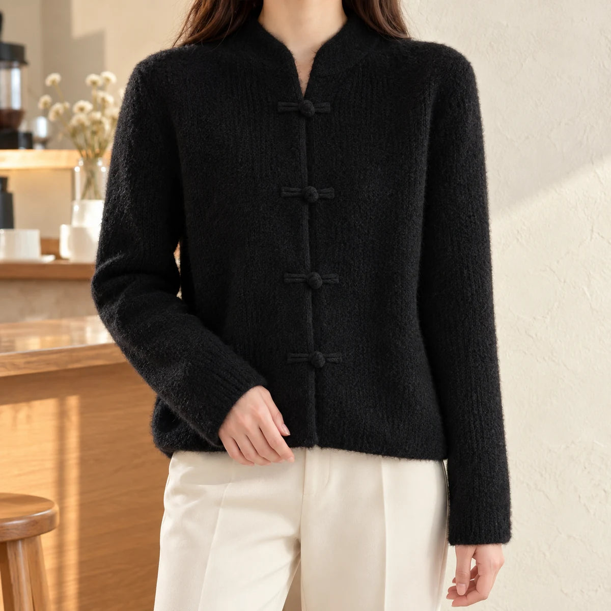 Knit Cardigan | Lisette in Black neck down lifestyle view