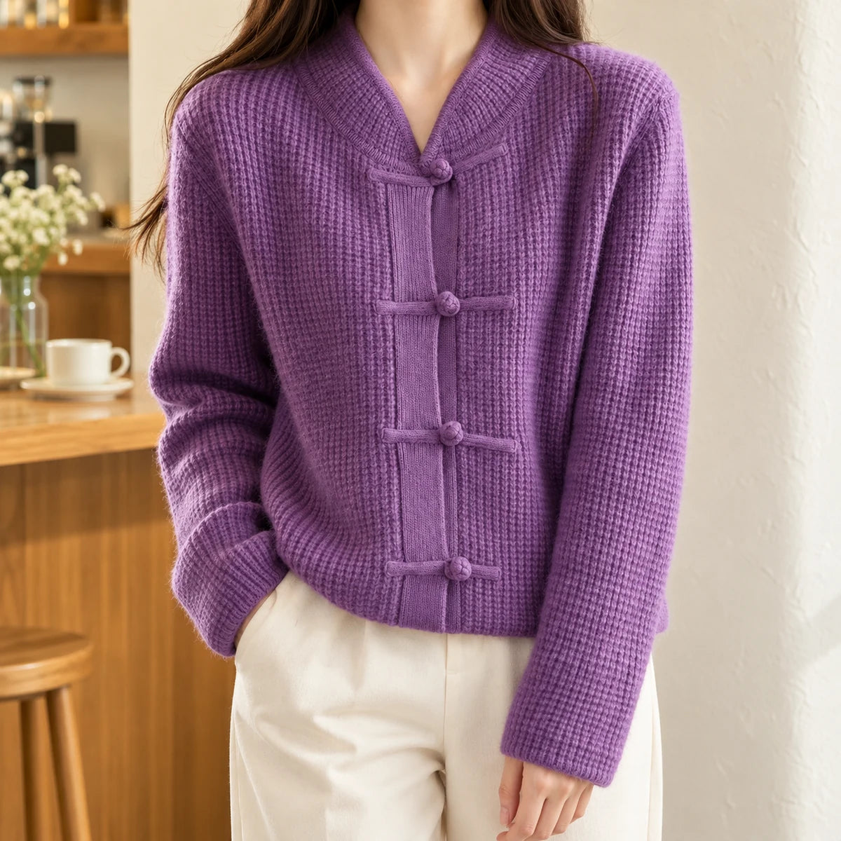 Knit Cardigan | Lisette in Purple neck down lifestyle view