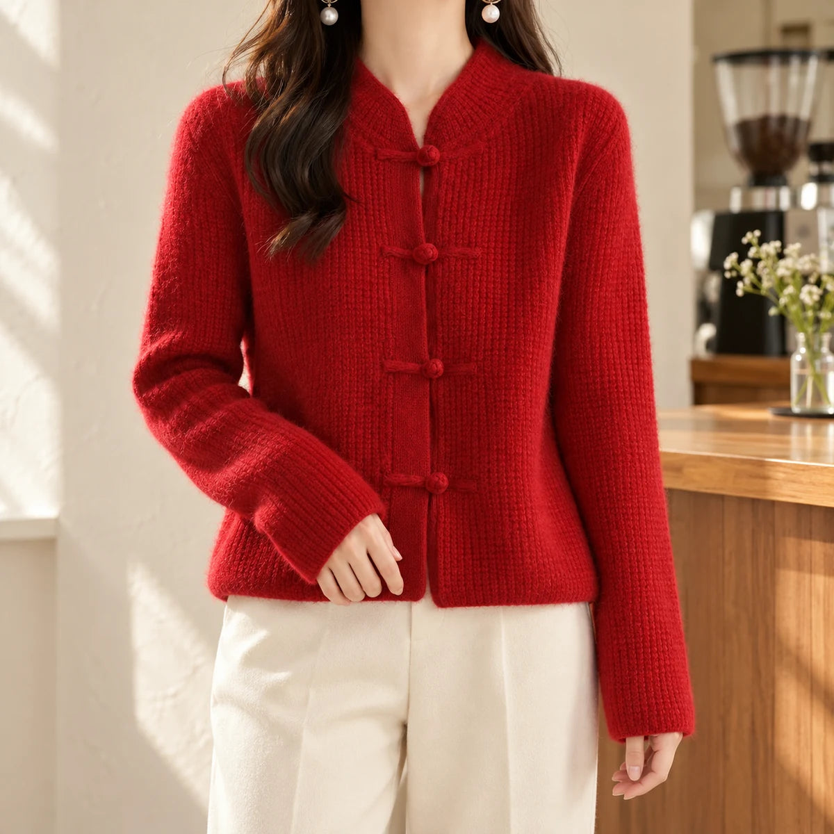 Knit Cardigan | Lisette in Red neck down lifestyle view