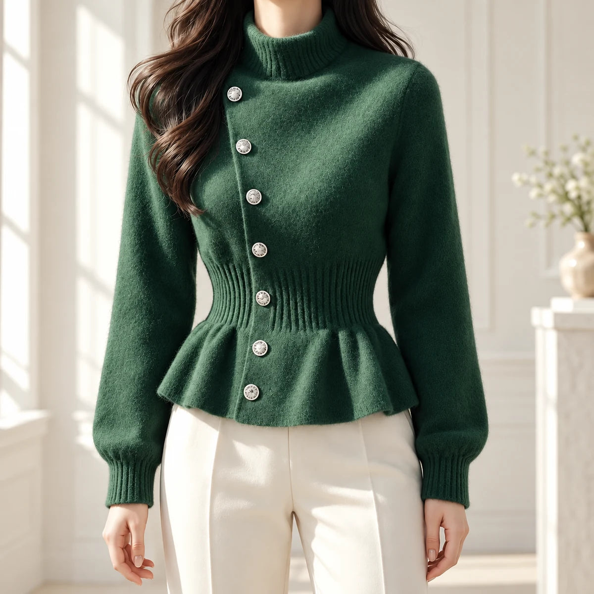 Knit Cardigan | Maren in Green neck down lifestyle view