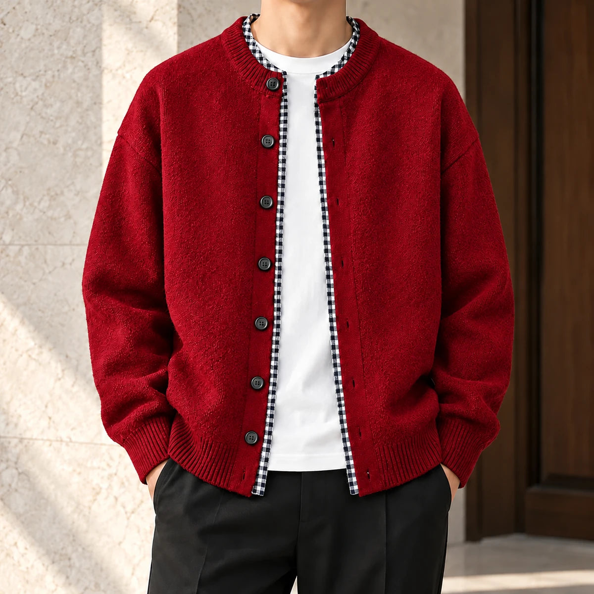 Knit Cardigan | Orson Red model worn