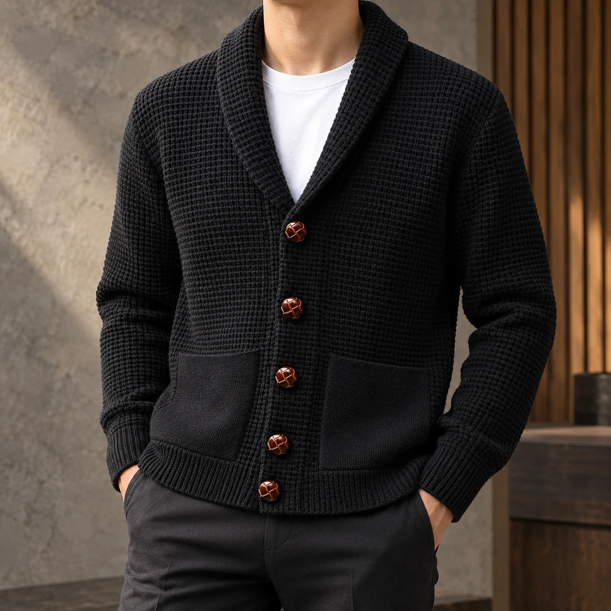 Knit Cardigan | Quentin Black model worn