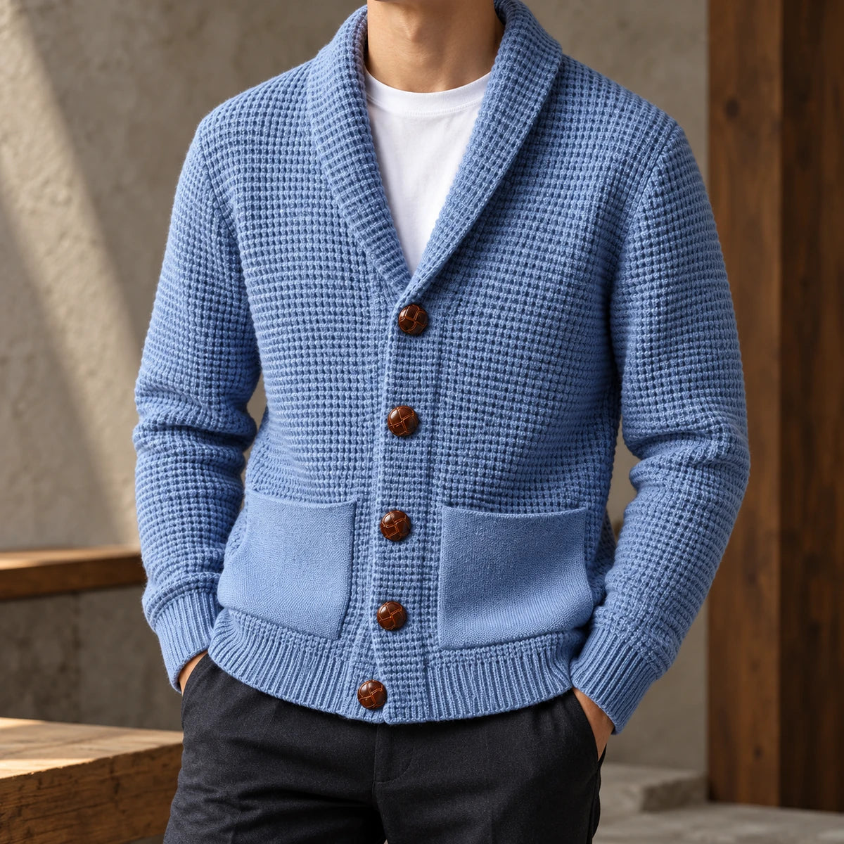 Knit Cardigan | Quentin Blue model worn