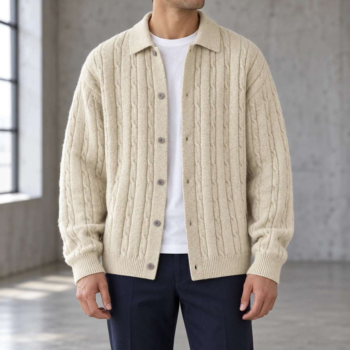 Knit Cardigan | Soren Beige model worn