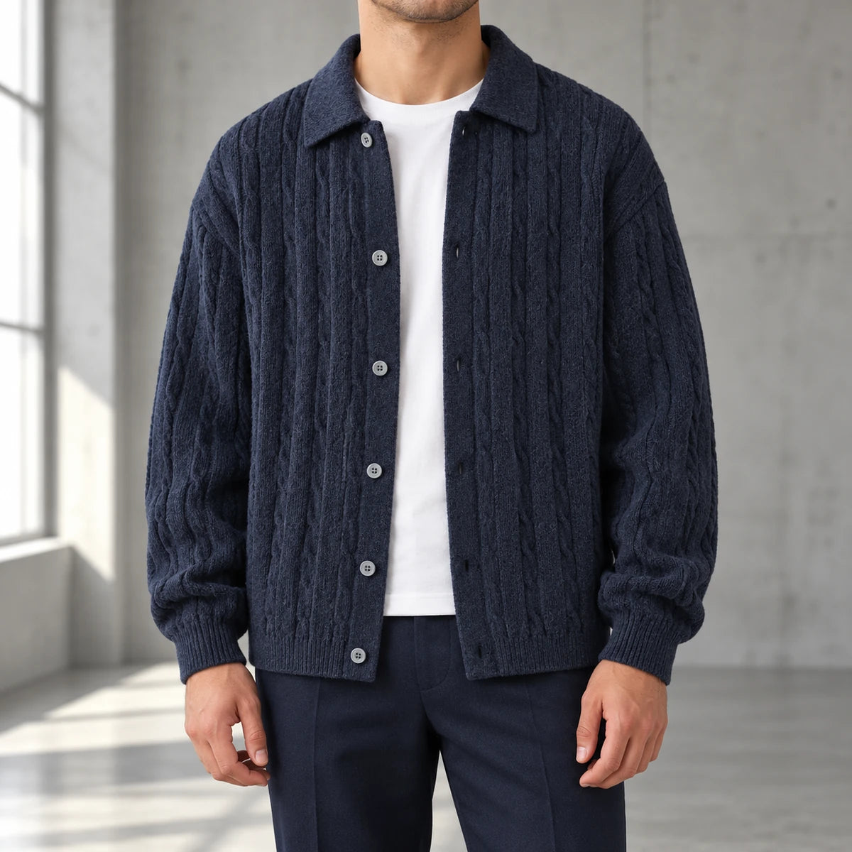 Knit Cardigan | Soren Blue model worn