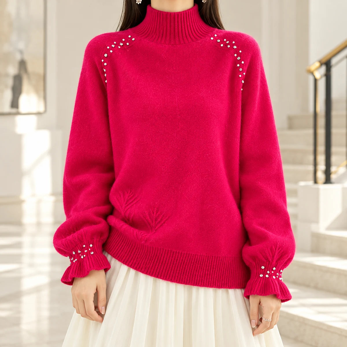 Knit Sweater | Selene in Pink neck down lifestyle view