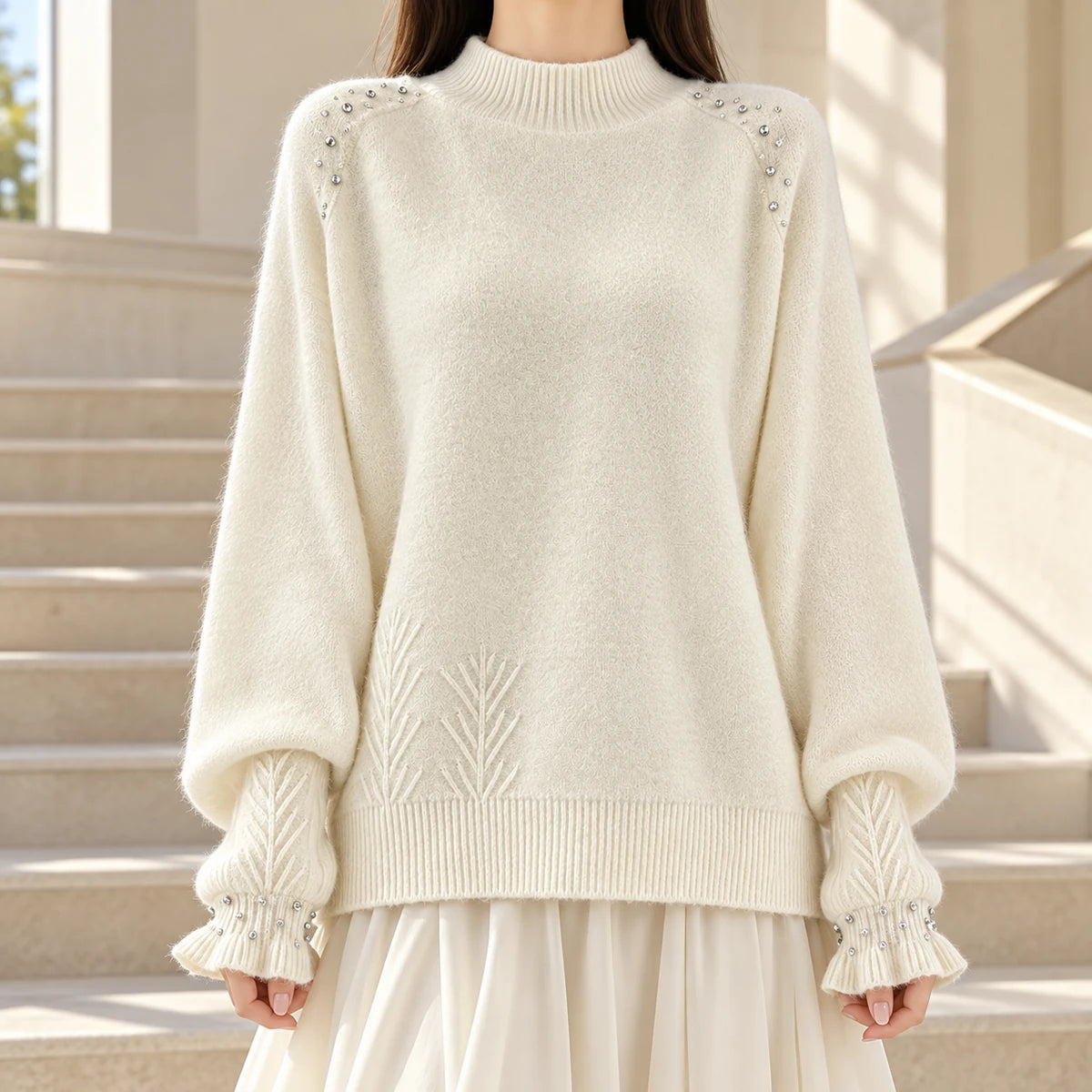 Knit Sweater | Selene in White neck down lifestyle view