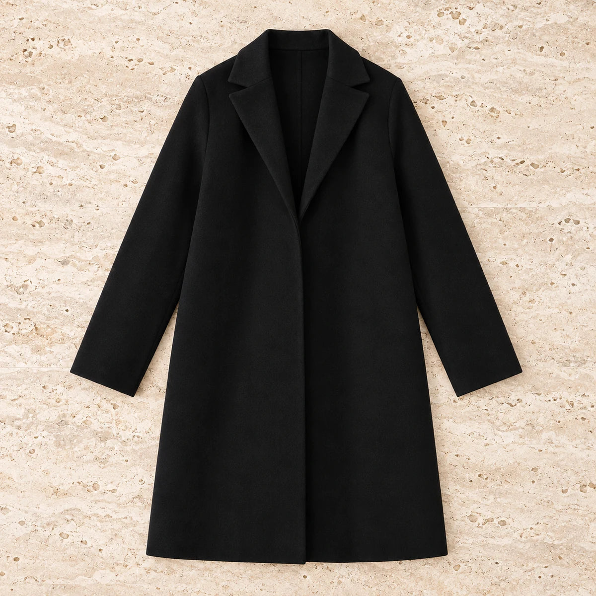 Suede Lapel Coat | Estelle in Black overhead flat lay
