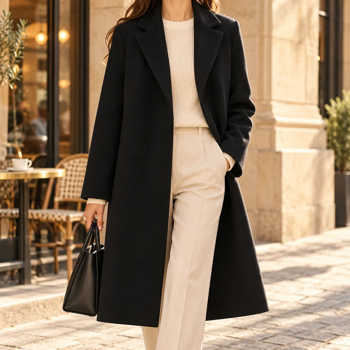 Suede Lapel Coat | Estelle in Black worn cafe view