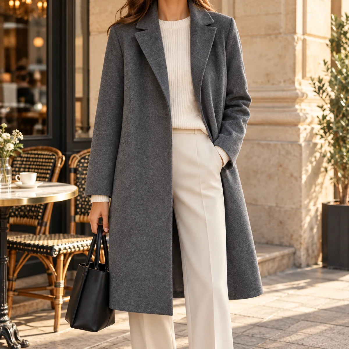 Suede Lapel Coat | Estelle in Gray worn cafe view