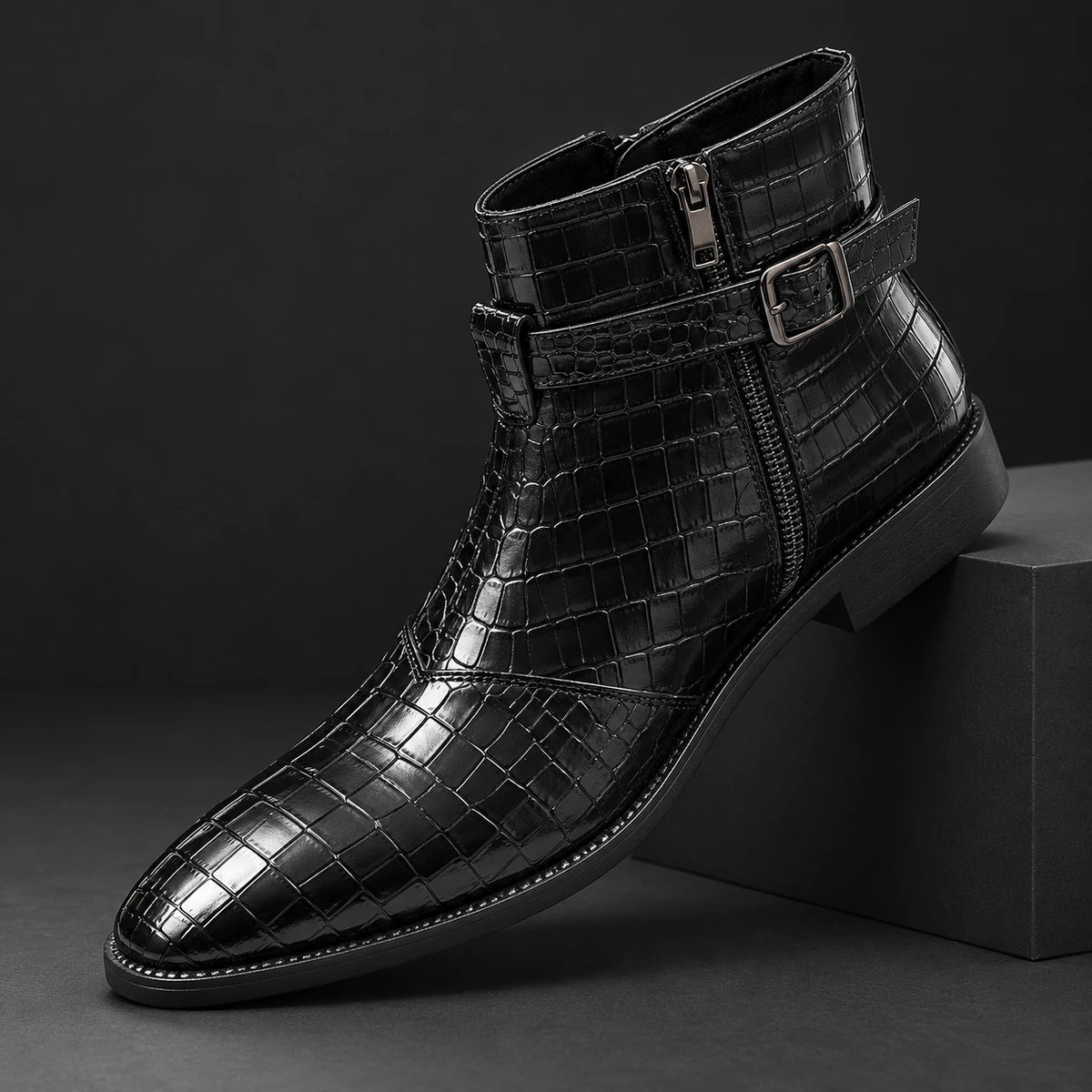 Leather Boots | Bramwell Black diagonal pedestal
