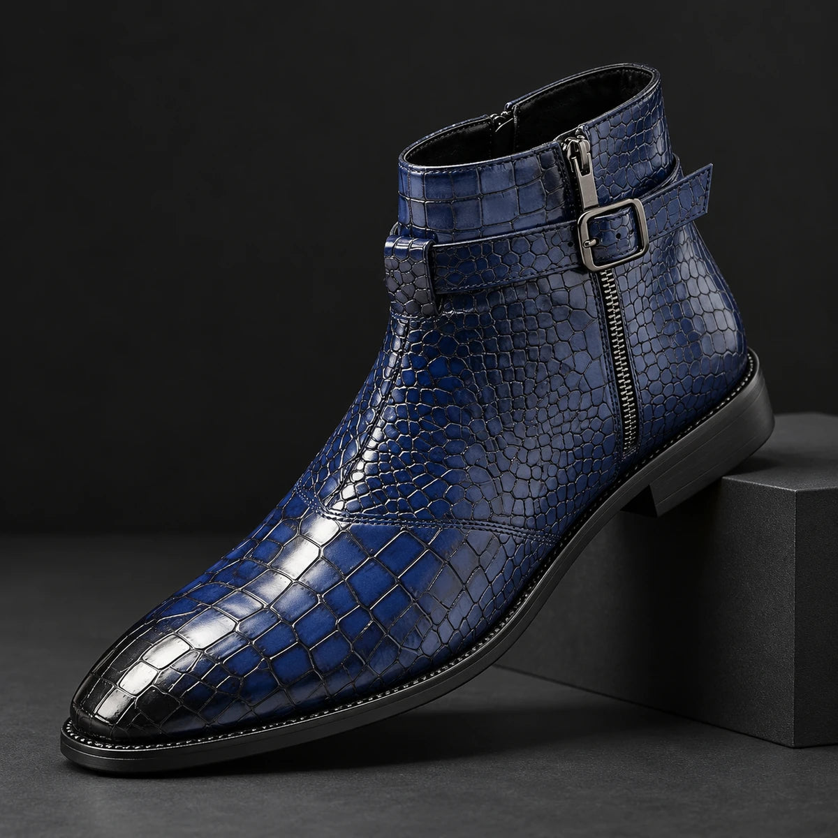 Leather Boots | Bramwell Blue diagonal pedestal