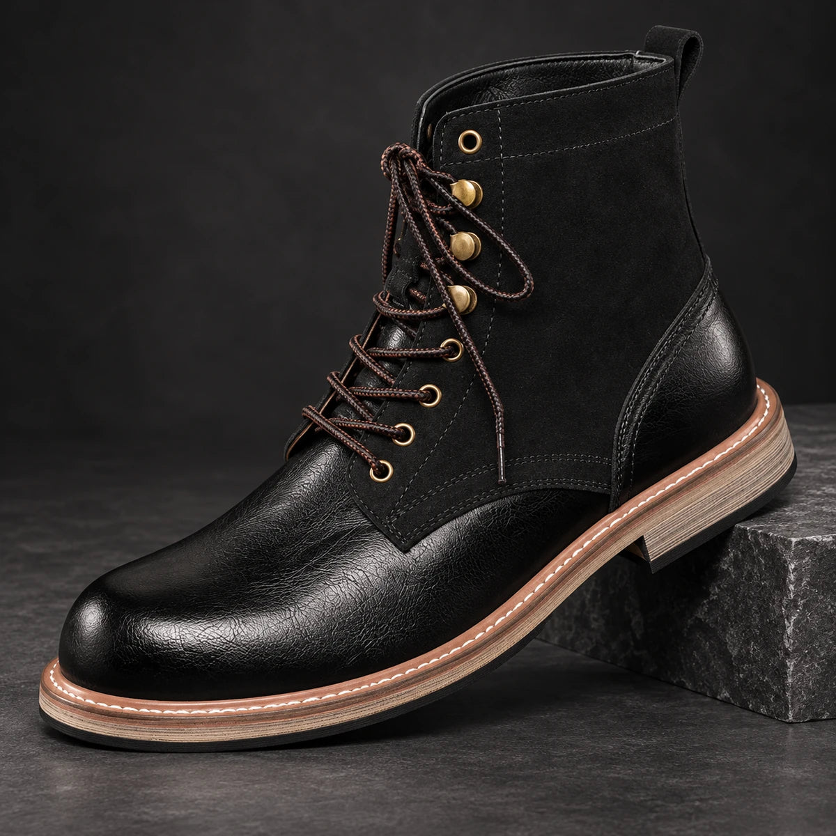 Leather Boots | Breccan Black diagonal pedestal