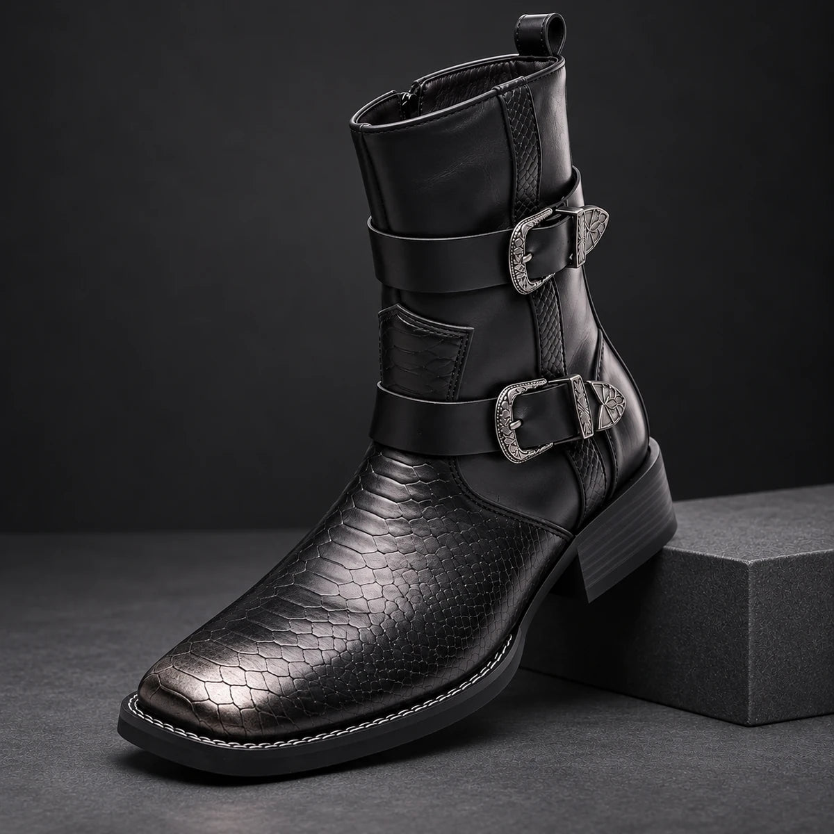 Leather Boots | Caelan Black diagonal pedestal