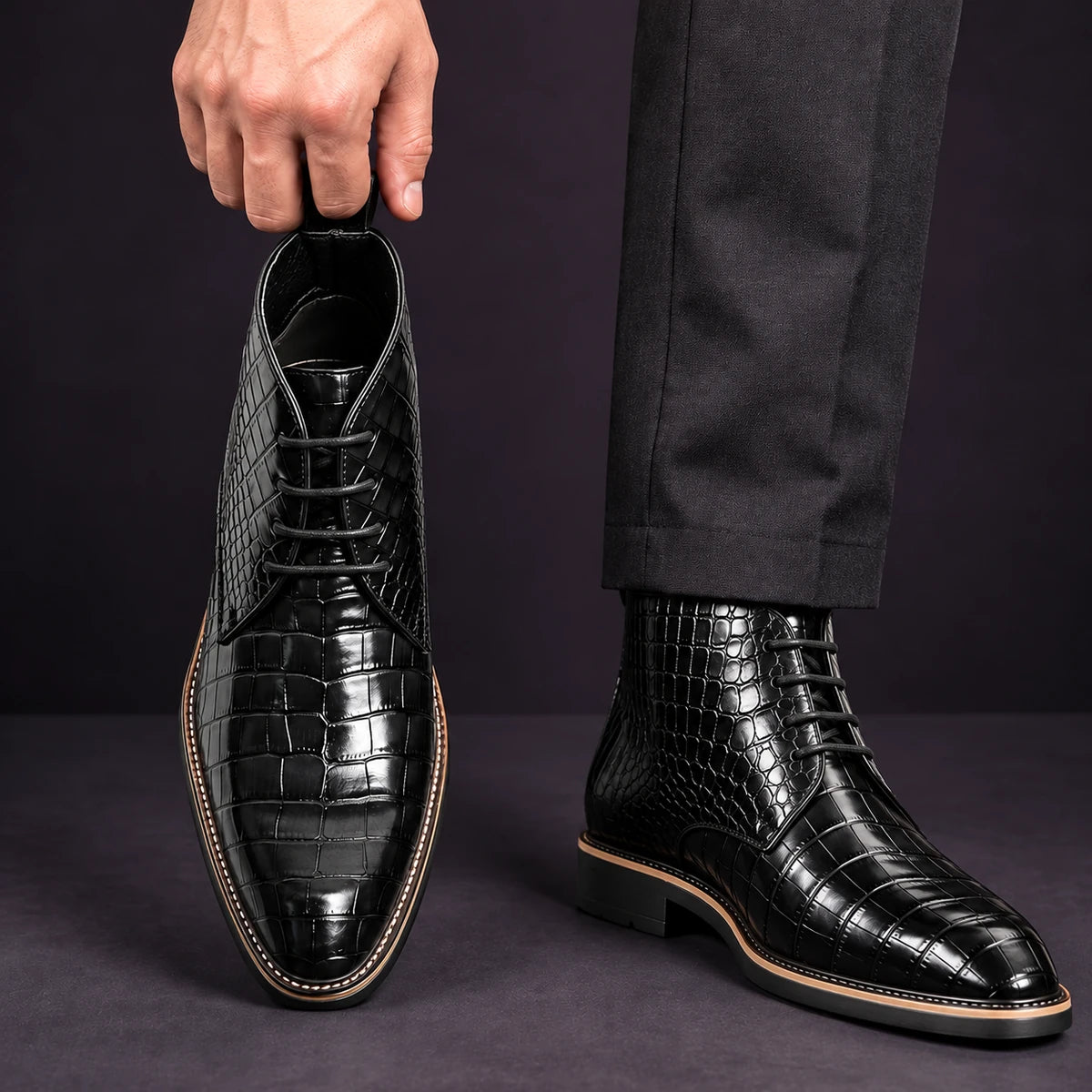 Leather Boots | Erland Black Lace Up model handheld