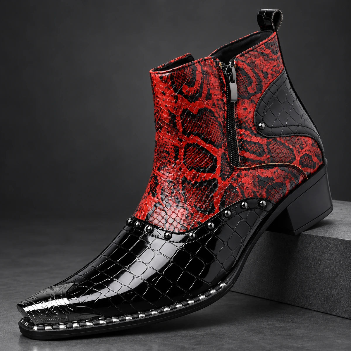 Leather Boots | Evander Red diagonal pedestal