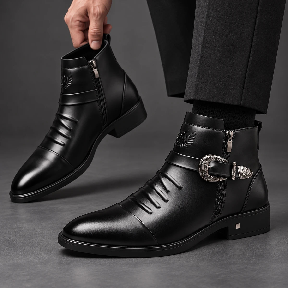 Leather Boots | Ingram Black Lined model handheld