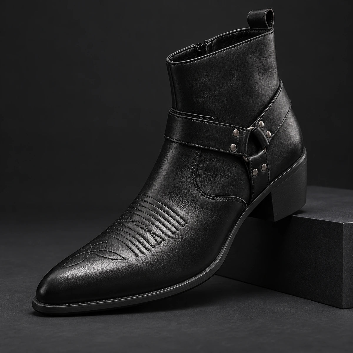 Leather Boots | Lucius Black diagonal pedestal view