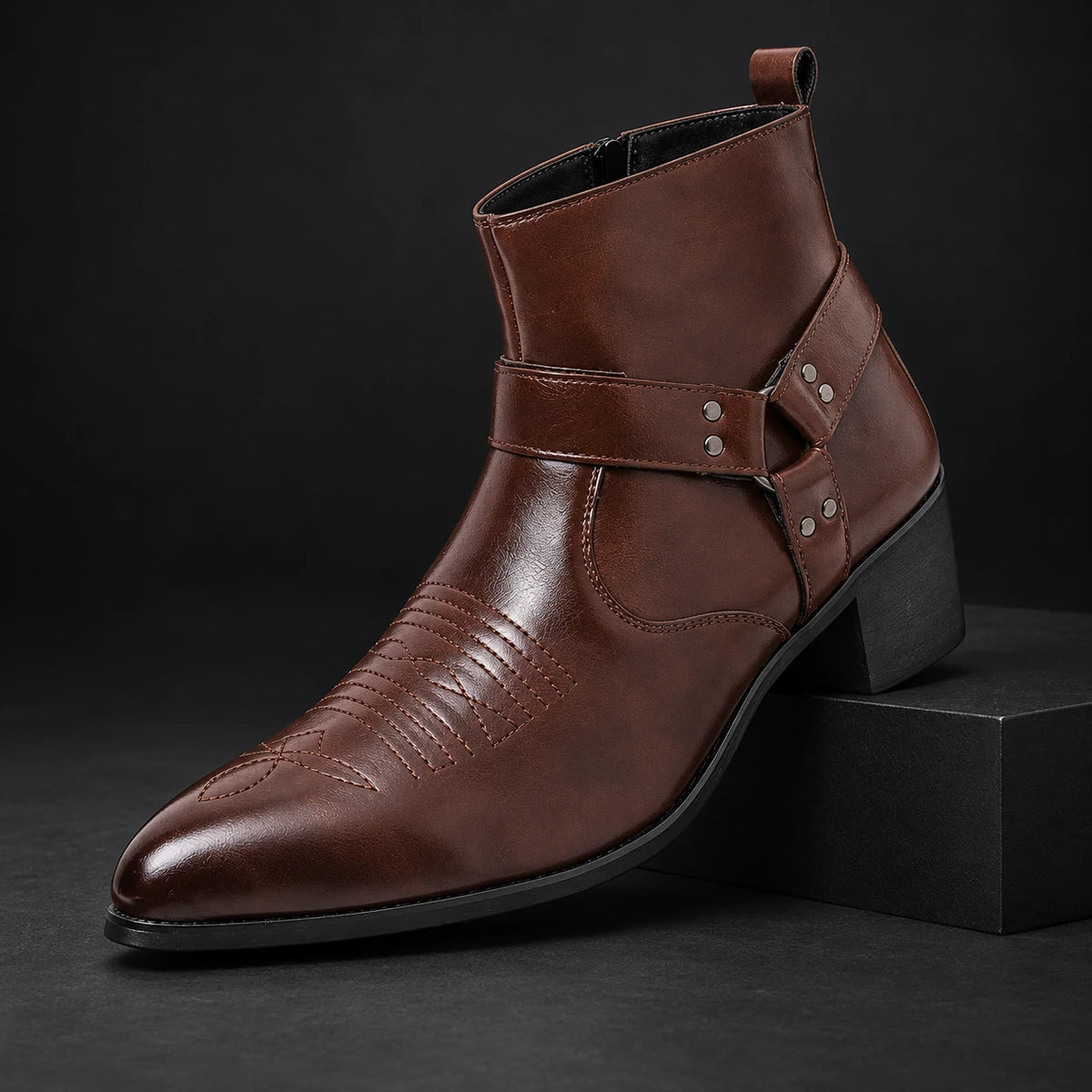 Leather Boots | Lucius Brown diagonal pedestal view