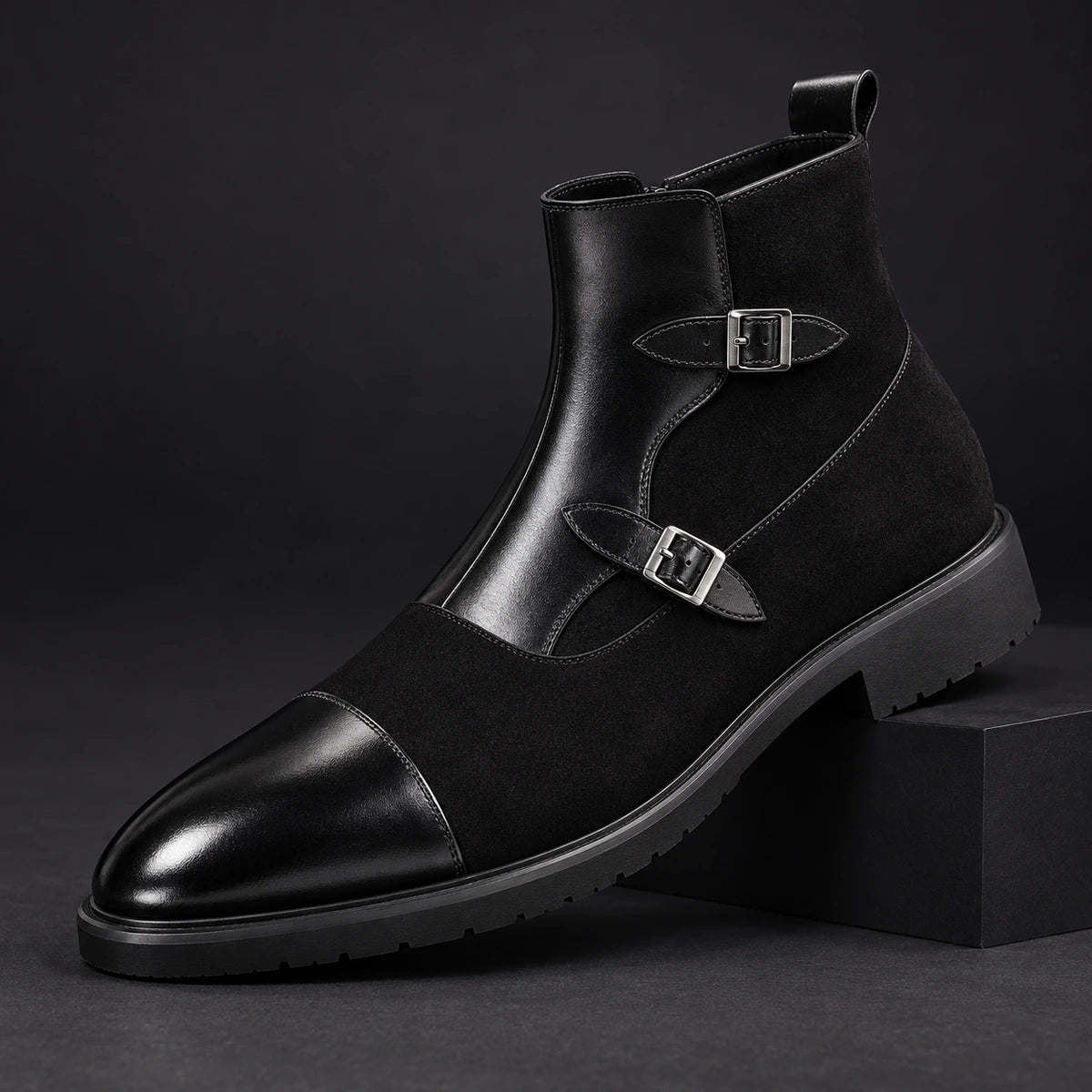 Leather Boots | Neville Black diagonal pedestal view