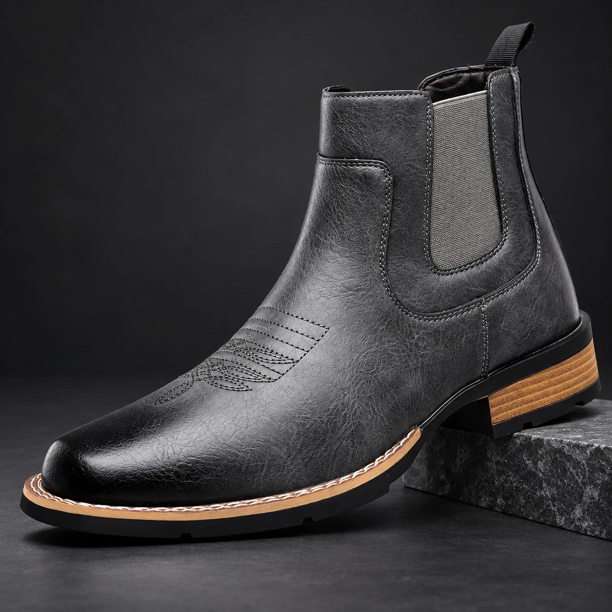 Leather Chelsea Boots | Elwood Gray diagonal pedestal