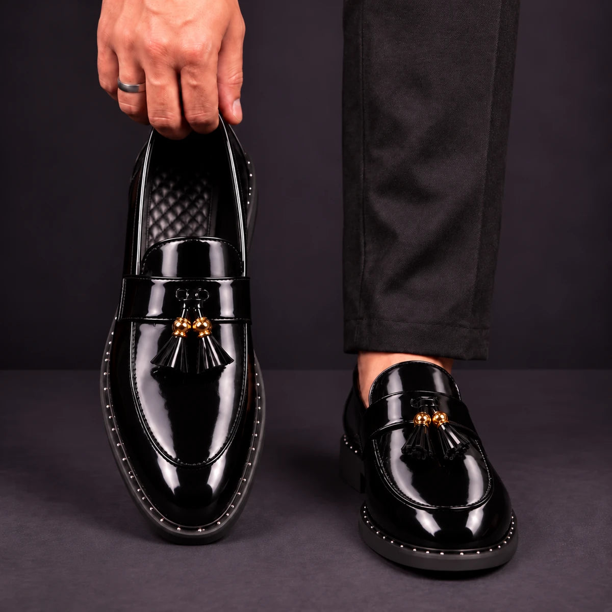 Leather Loafers | Caspien Black front model view, matching left and right shoes