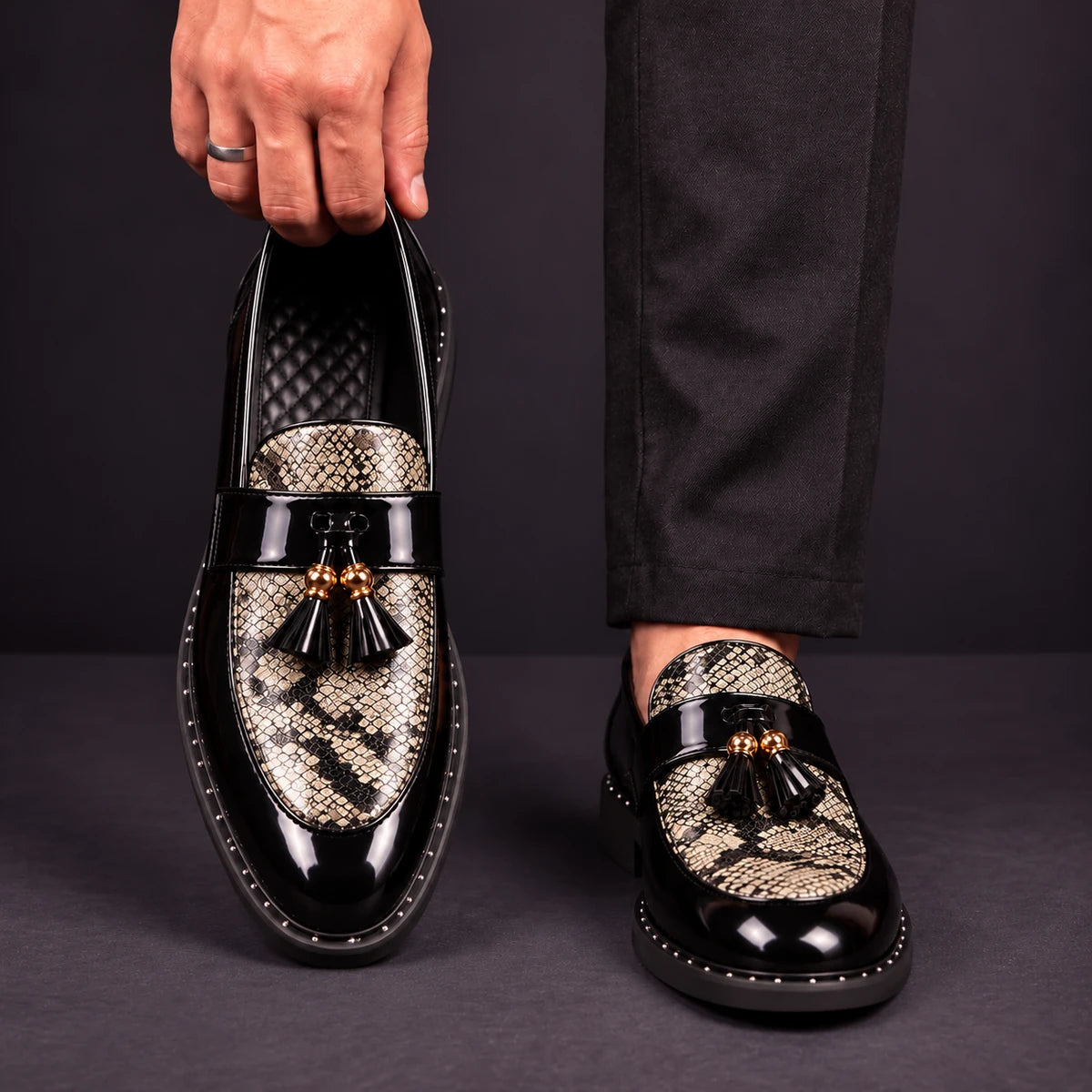 Leather Loafers | Caspien Gold front model view, matching left and right shoes