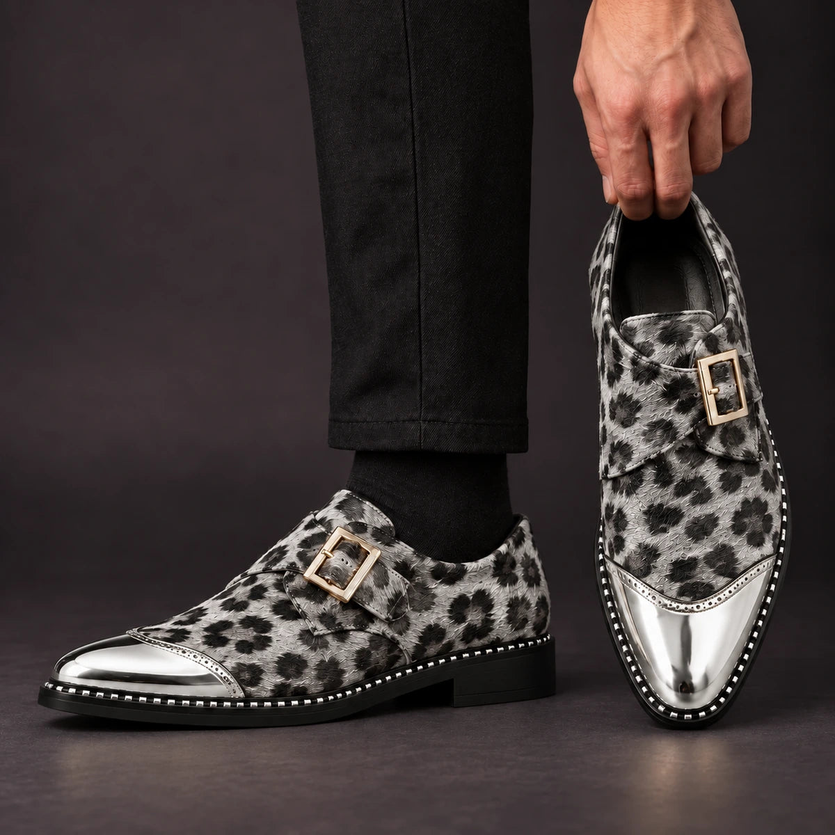 Leather Monk Shoes | Zephyr Silver model handheld