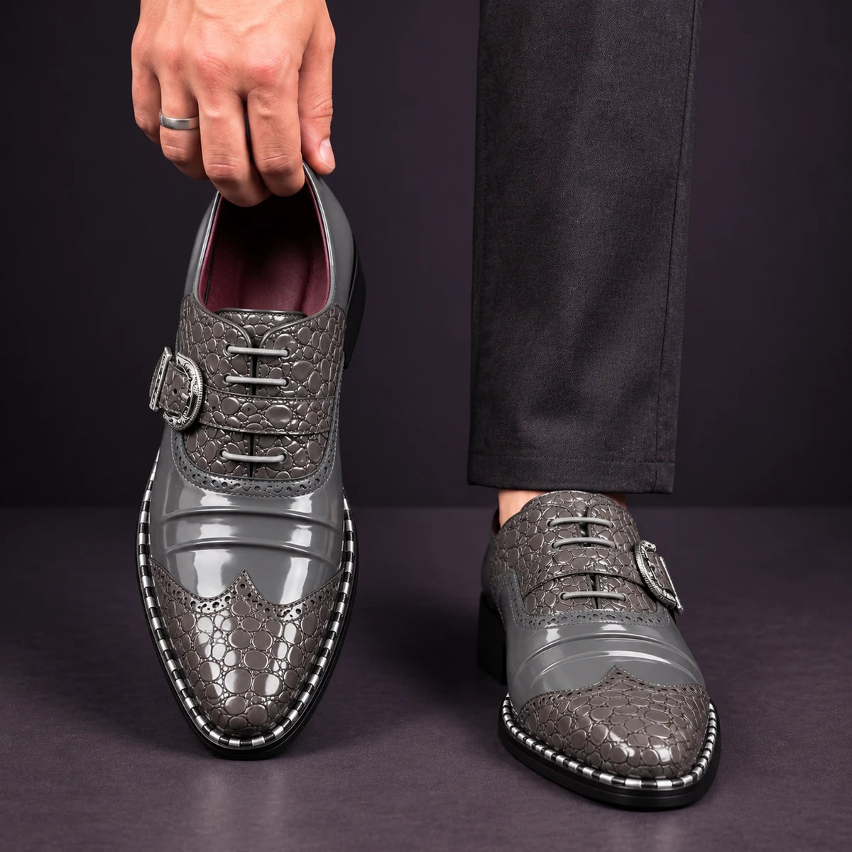 Leather Shoes | Anatole Gray front model view, matching left and right shoes