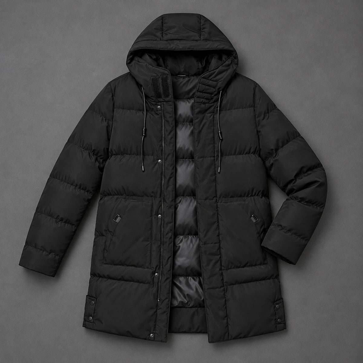 Long Quilted Hooded Parka | Alden in Black, top down studio flat lay