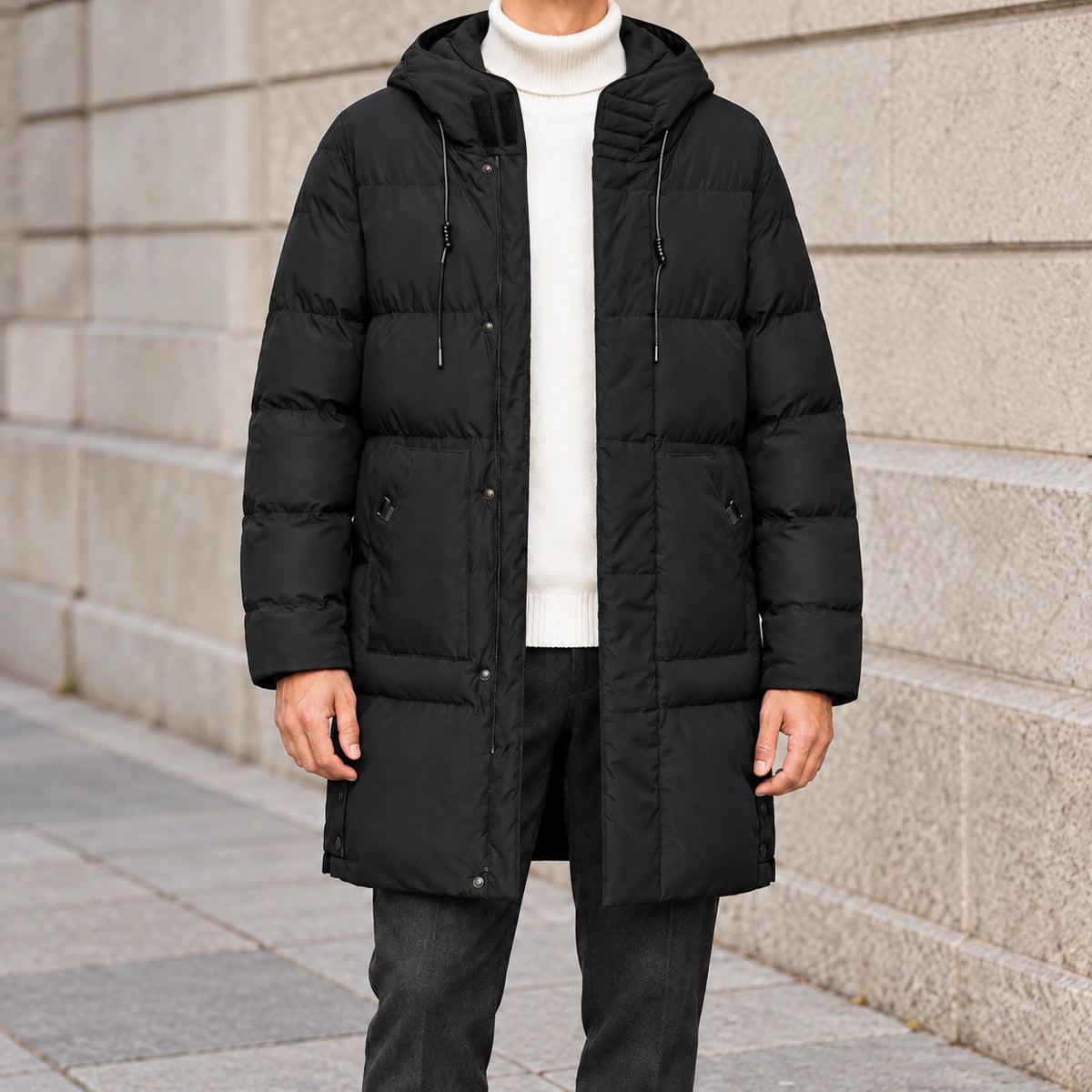 Long Quilted Hooded Parka | Alden in Black, neck down lifestyle view