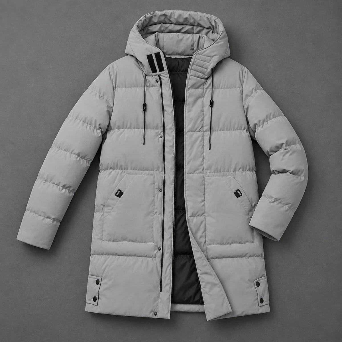 Long Quilted Hooded Parka | Alden in Gray, top down studio flat lay