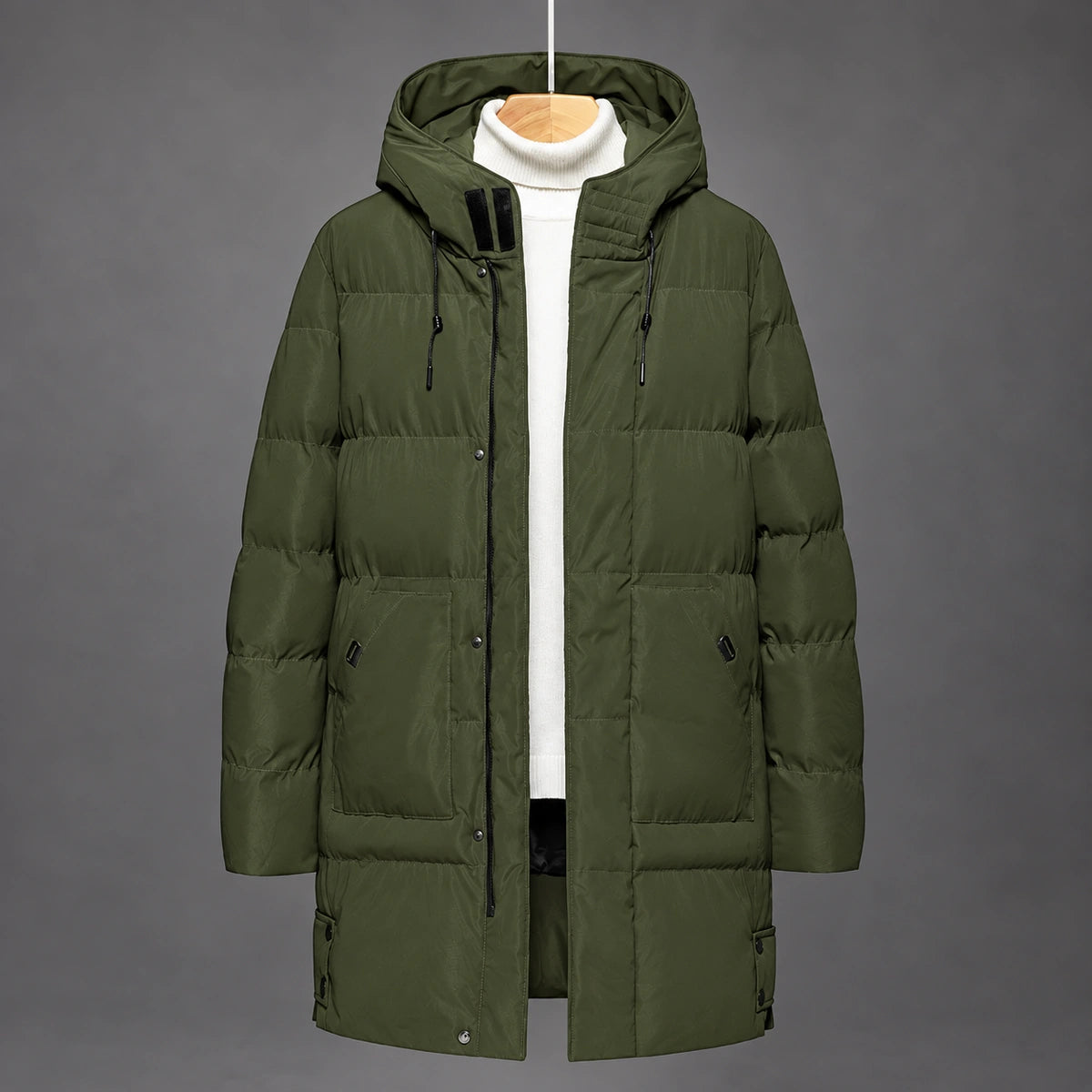Long Quilted Hooded Parka | Alden in Olive Green, front hanging studio view