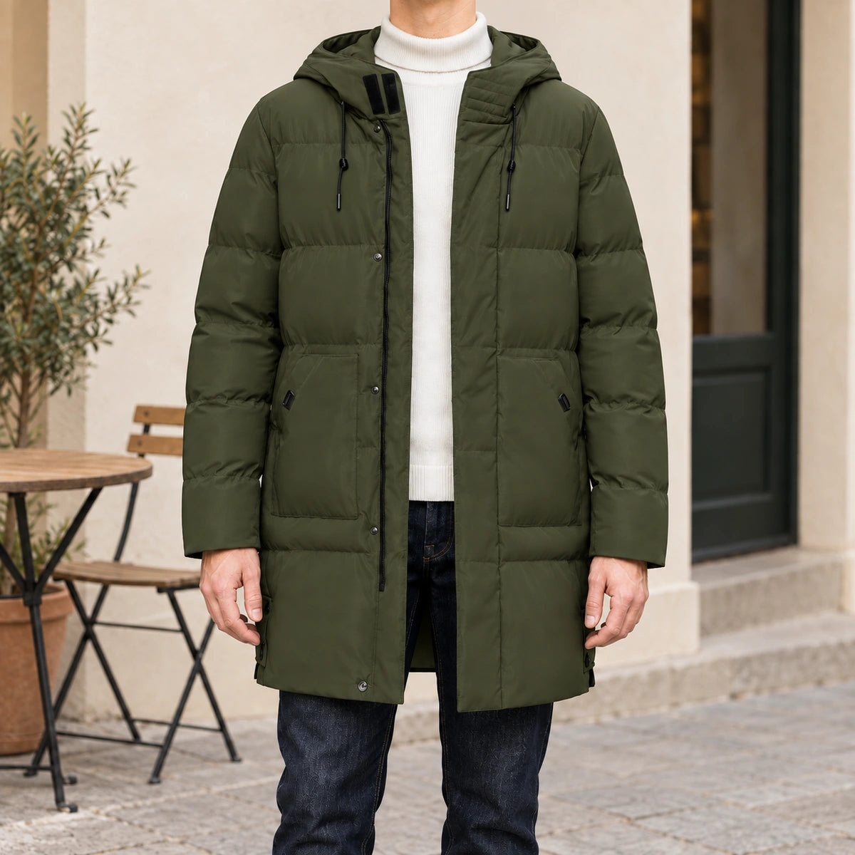 Long Quilted Hooded Parka | Alden in Olive Green, neck down lifestyle view
