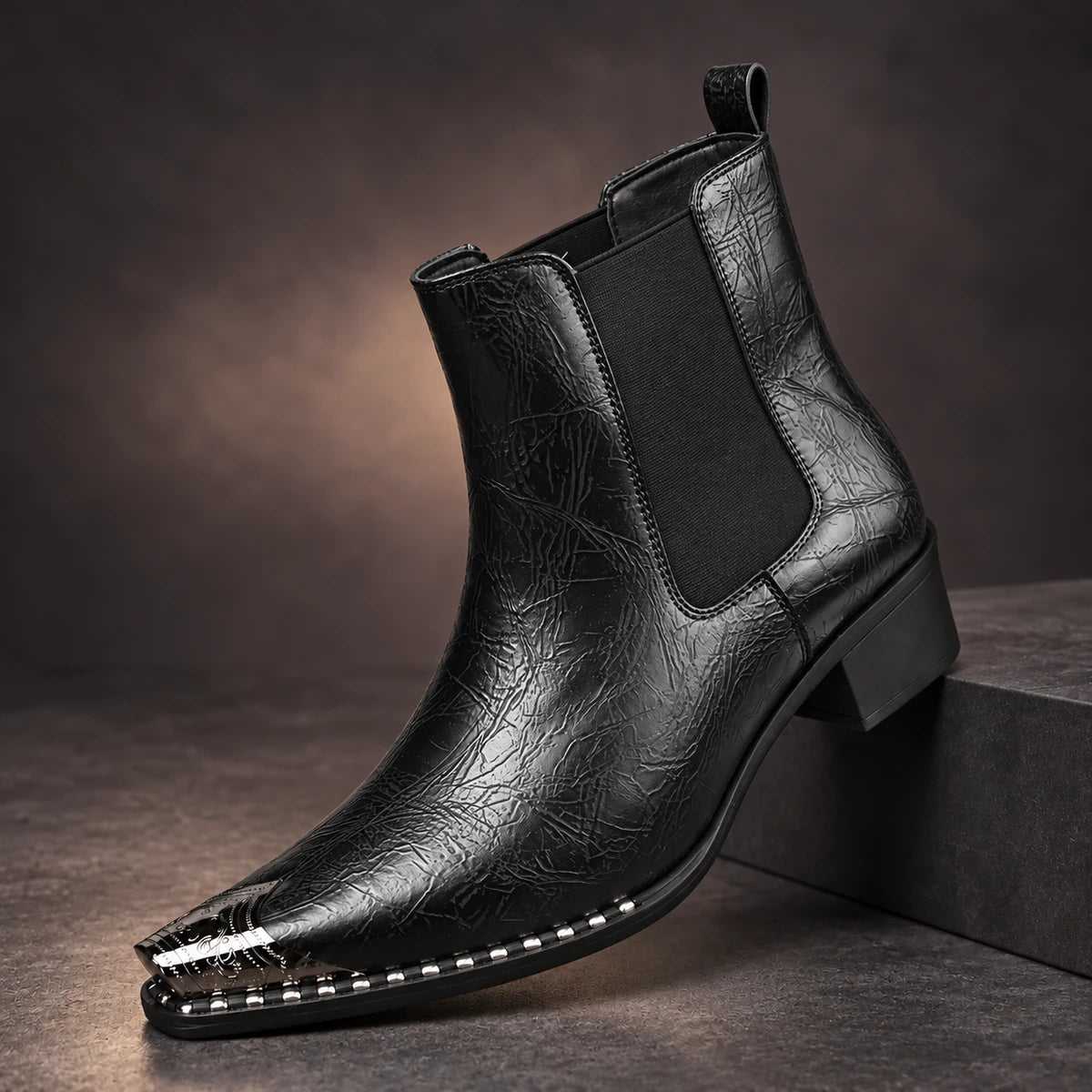 Leather Boots | Milos Black diagonal pedestal