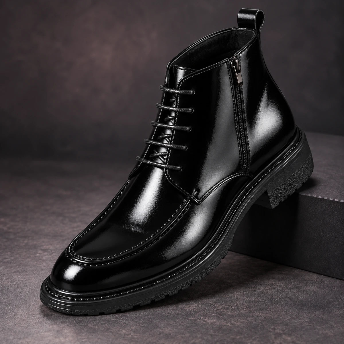 Leather Boots | Renzo Black diagonal pedestal