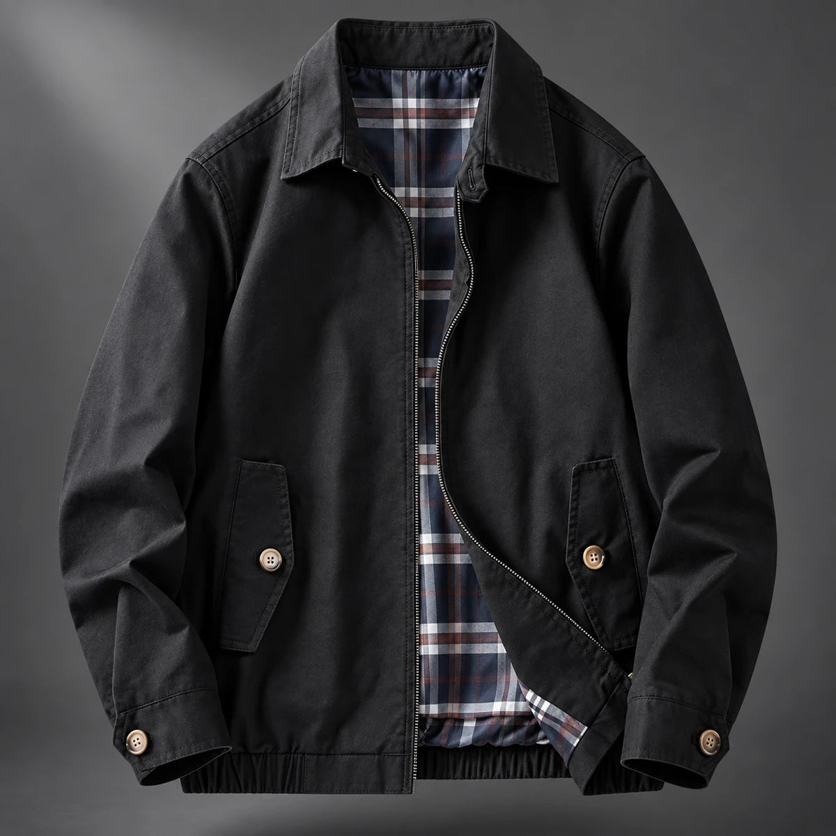 Cotton Harrington Jacket | Felix Black front ghost garment with open zip revealing plaid lining on charcoal studio backdrop