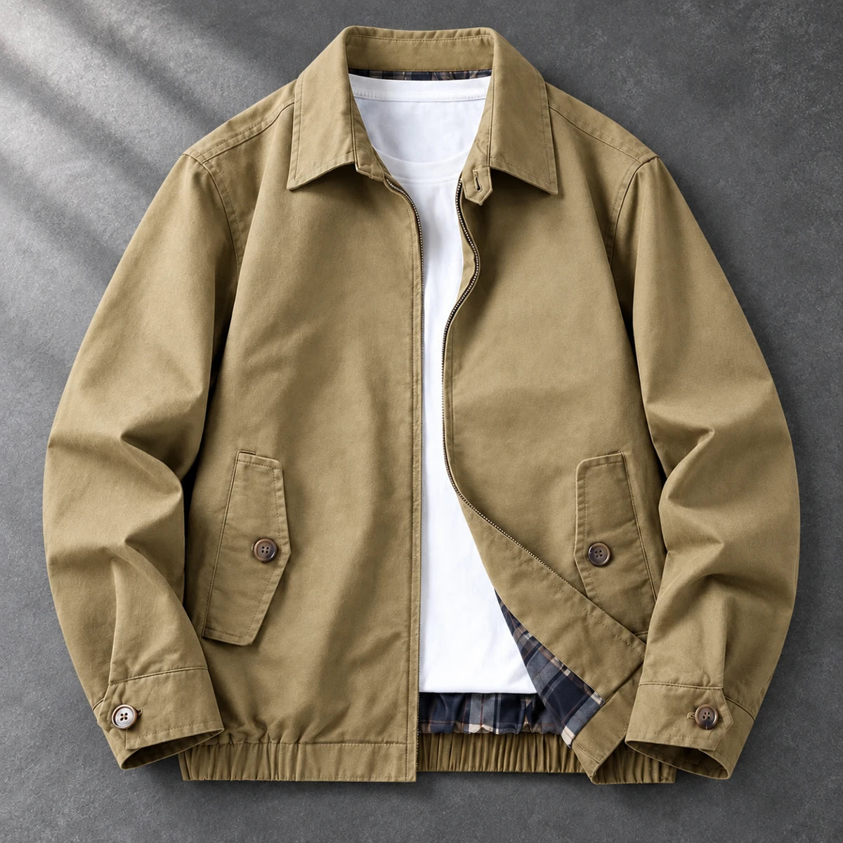 Cotton Harrington Jacket | Felix Brown true overhead open flat lay displaying plaid on graphite tabletop