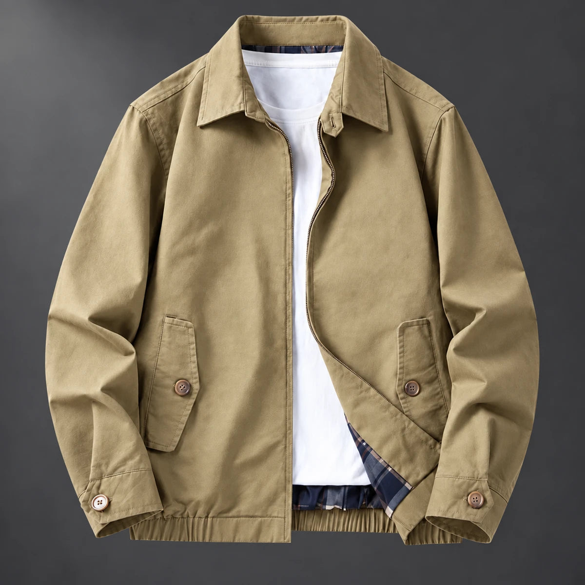 Cotton Harrington Jacket | Felix Brown front ghost garment with open zip revealing plaid lining on charcoal studio backdrop