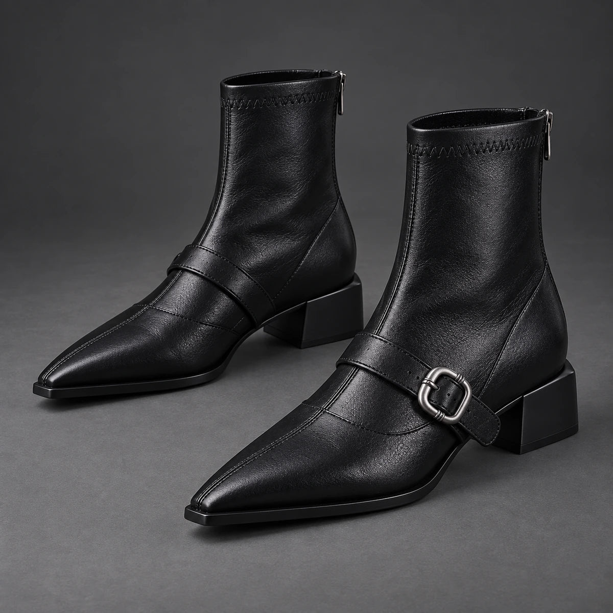 Pointed Toe Buckle Ankle Boots | Serena in Black, angled studio pair
