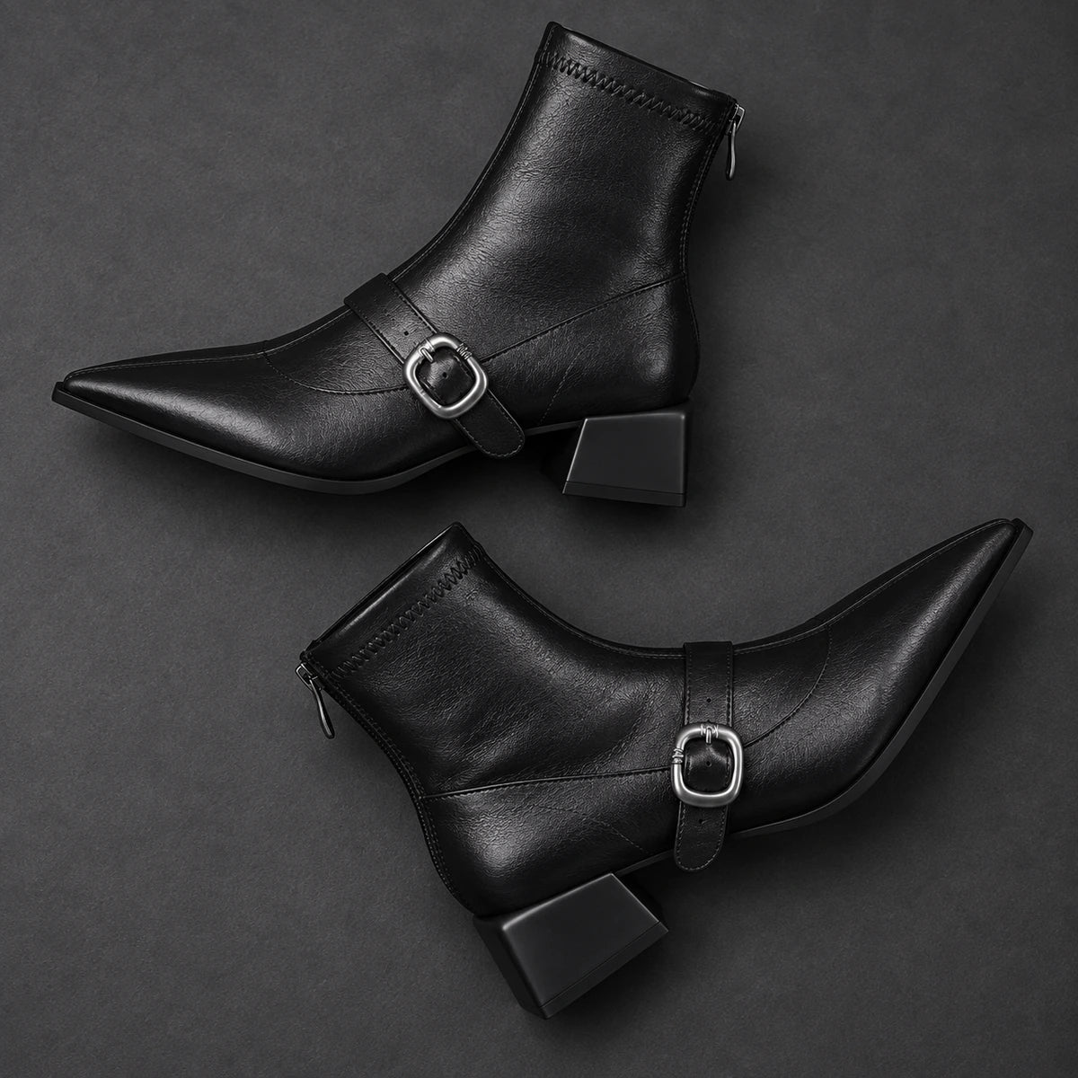 Pointed Toe Buckle Ankle Boots | Serena in Black, overhead opposing diagonal pair