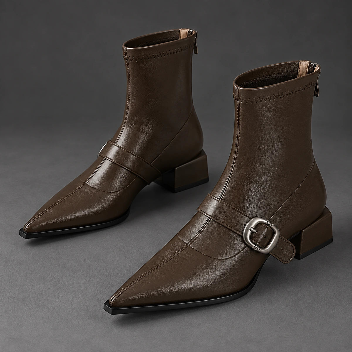 Pointed Toe Buckle Ankle Boots | Serena in Dark Brown, angled studio pair
