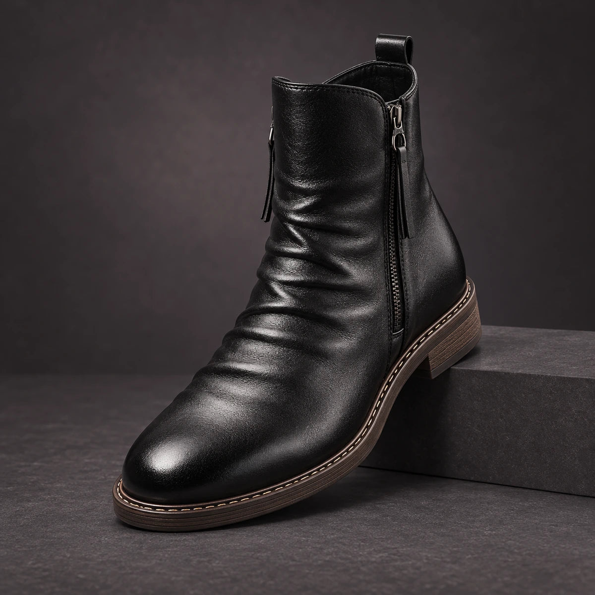 Leather Boots | Cato Black diagonal pedestal