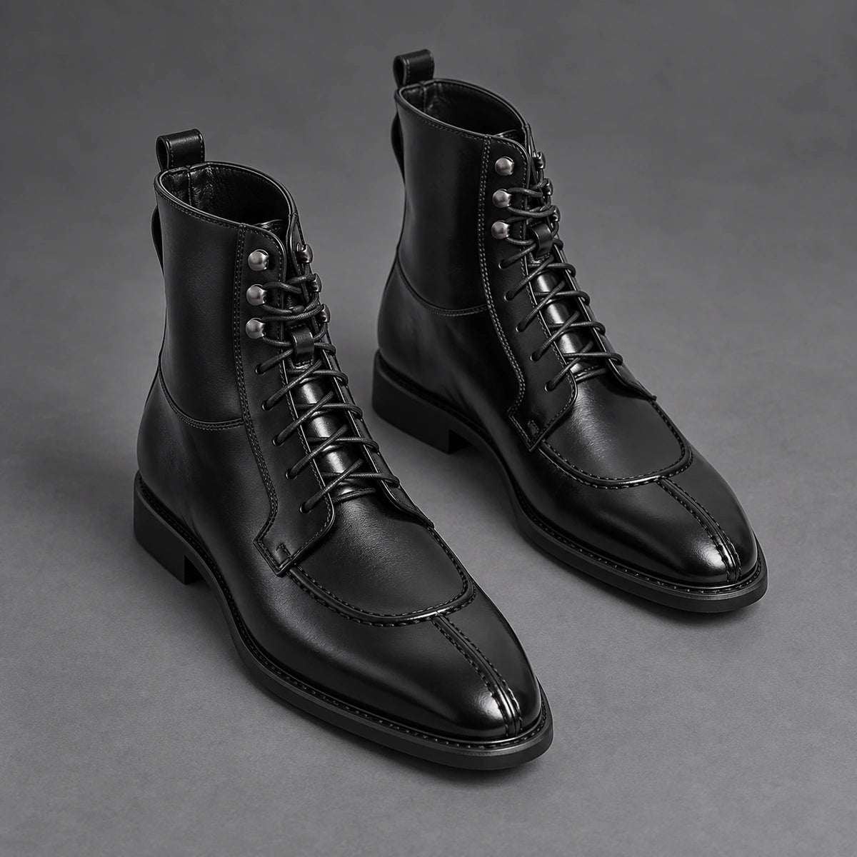 Split Toe Lace Up Boots | Lorenzo in Black, angled pair studio view