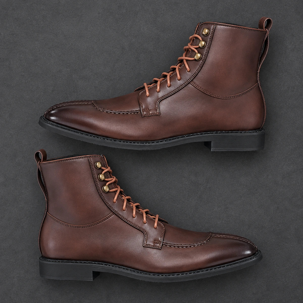 Split Toe Lace Up Boots | Lorenzo in Brown, overhead opposing diagonal pair view
